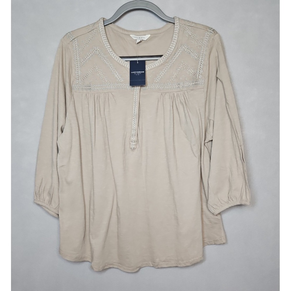 Lucky Brand Womens Tan Embroidered Boho Blouse 3/4 Sleeve Size 2X NWT‎ - Picture 3 of 11